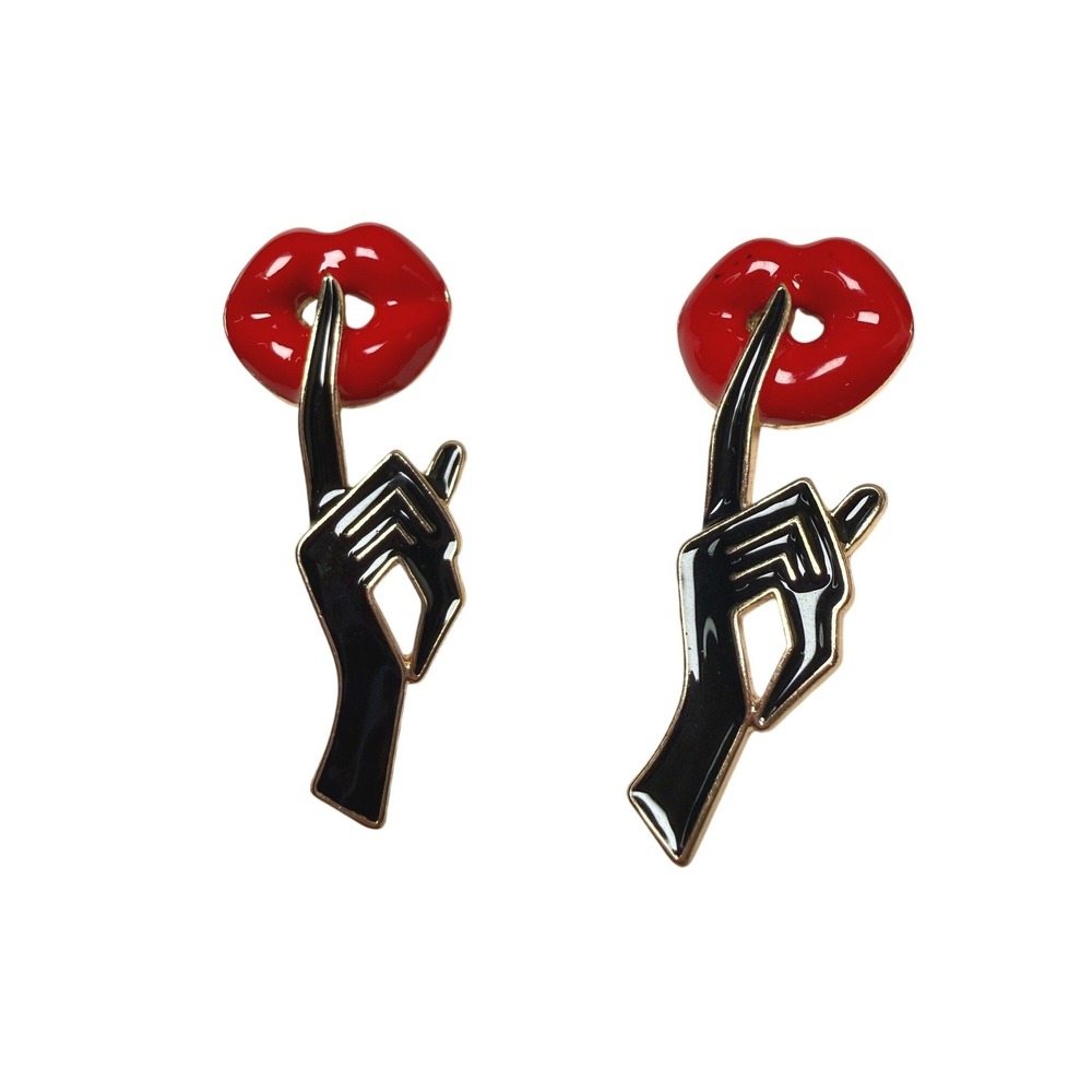 SHEIN Gold Tone Red Enamel Lips Black Hand Shhh Drop Earrings Pop Art Surrealist